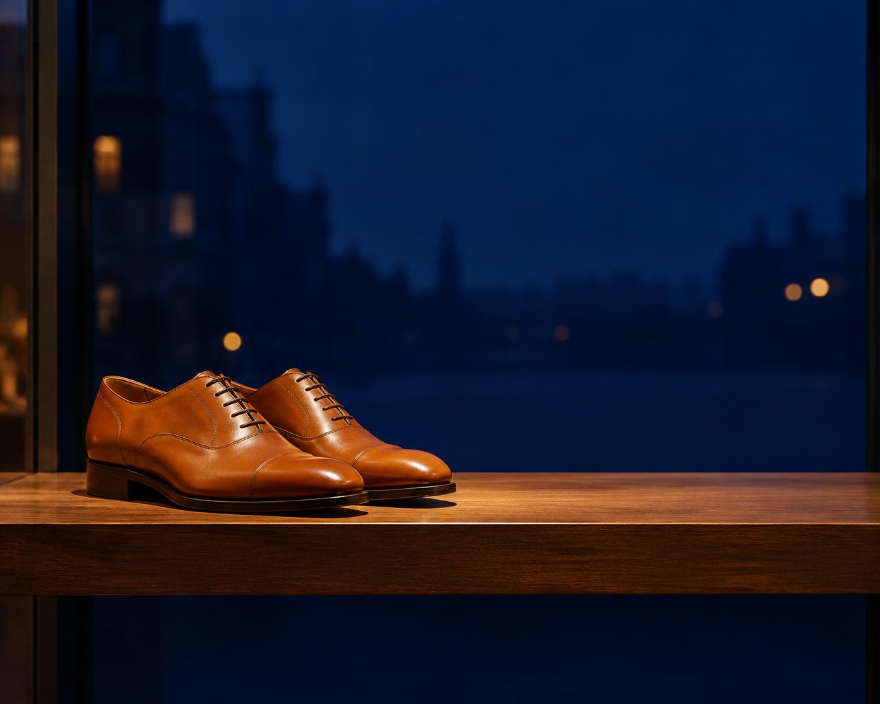Par de sapatos de couro numa prateleira de montra ao anoitecer